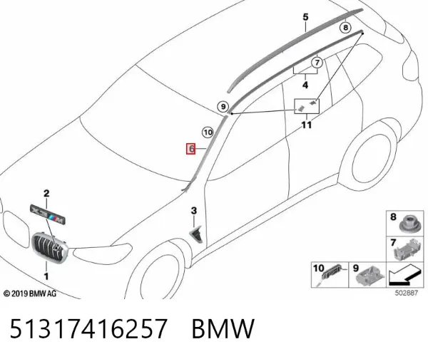Moldura esquerda de pára-brisas 51317416257 BMW