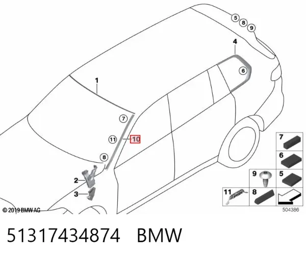 Moldura direita de pára-brisas 51317434874 BMW