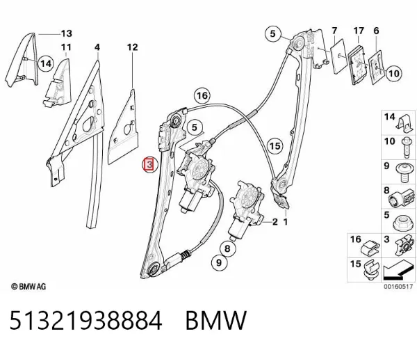 Corrediça dianteira de acionamento de vidro 51321938884 BMW
