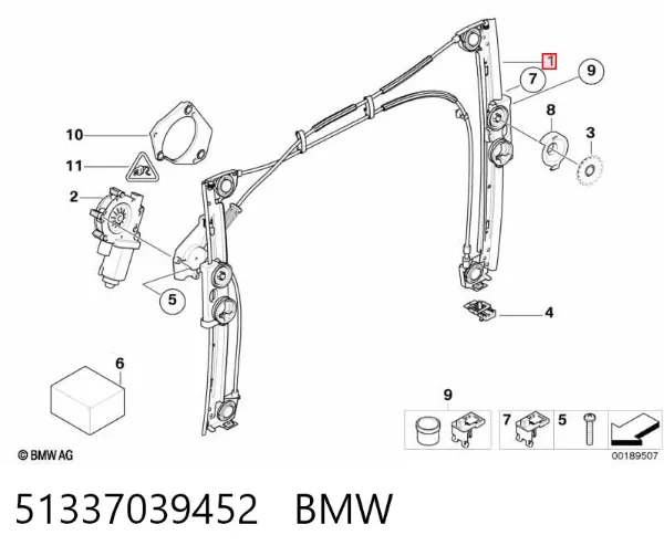 Mecanismo de acionamento de vidro da porta dianteira direita 51337039452 BMW