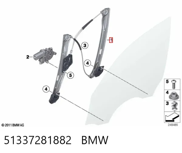 Mecanismo de acionamento de vidro da porta dianteira direita 51337281882 BMW