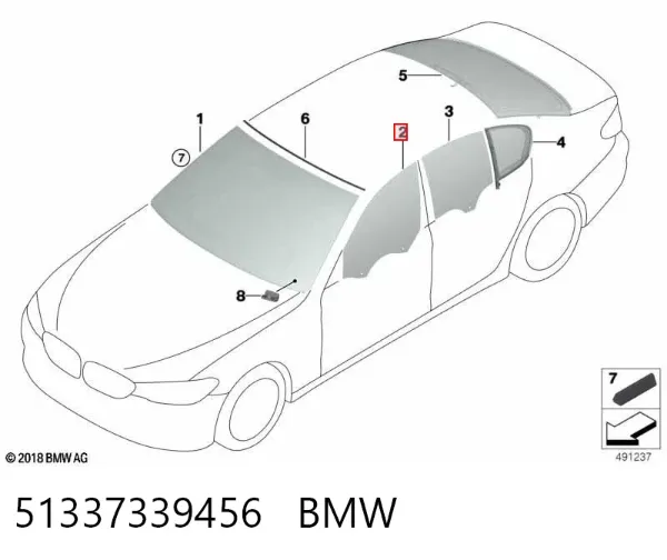 Vidro da porta dianteira direita 51337339456 BMW