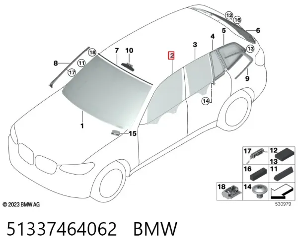 Vidro da porta dianteira direita 51337464062 BMW