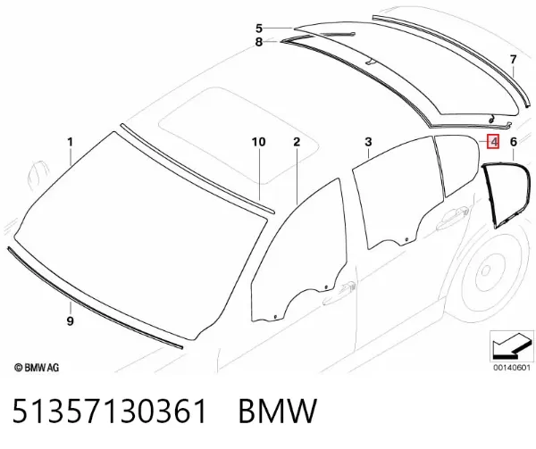 Vidro de janelo da porta traseira esquerda 51357130361 BMW