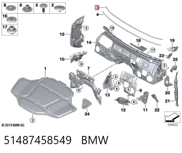 Isolamento contra o ruído do painel de motores 51487458549 BMW