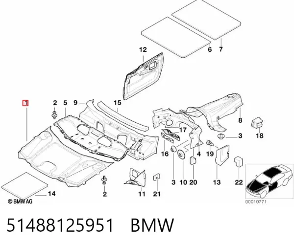 Isolamento de ruído da capota 51488125951 BMW