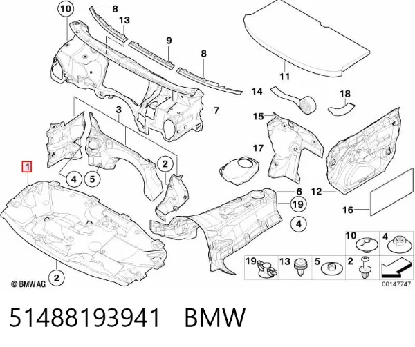 Isolamento de ruído da capota 51488193941 BMW