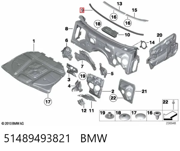 Isolamento contra o ruído do painel de motores 51489493821 BMW