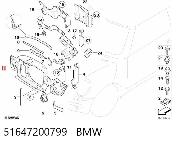 Suporte do radiador montado (painel de montagem de fixação das luzes) 51647200799 BMW