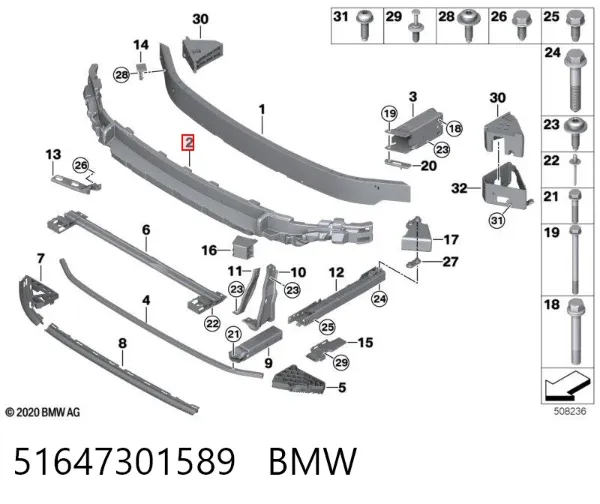 Absorvedor (enchido) do pára-choque dianteiro 51647301589 BMW