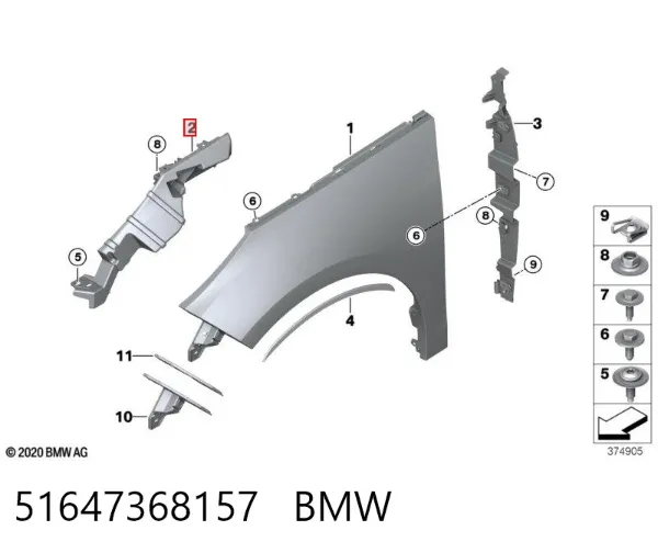 Consola superior de fixação do pára-lama dianteiro esquerdo 51647368157 BMW