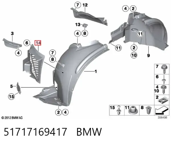 Alcapão do forro do pára-choque dianteiro esquerdo 51717169417 BMW