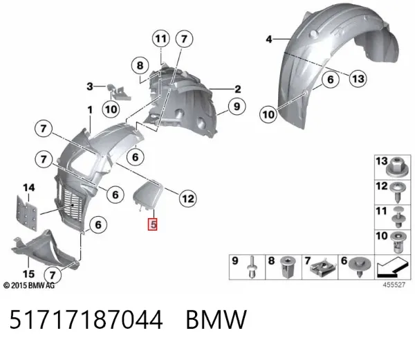 Alcapão do forro do pára-choque dianteiro direito 51717187044 BMW