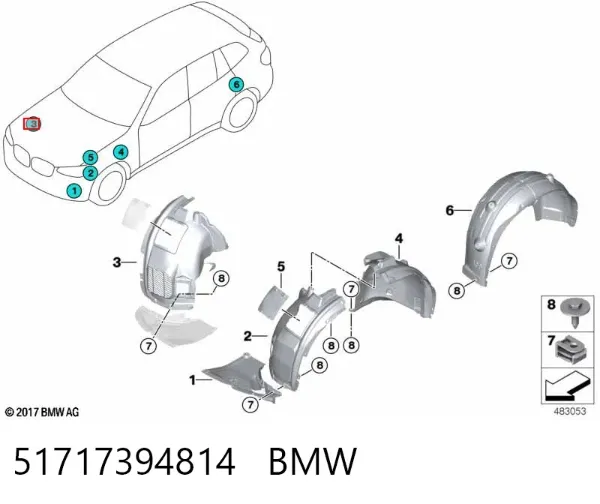 Guarda-barras direito do pára-lama dianteiro 51717394814 BMW