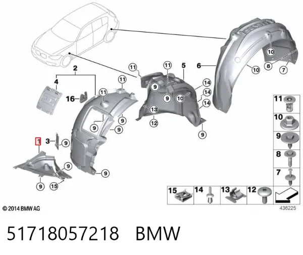 Escudo protetor contra o barro de arco dianteiro do pára-lama 51718057218 BMW