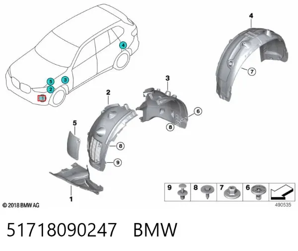 Alcapão do forro do pára-choque dianteiro esquerdo 51718090247 BMW