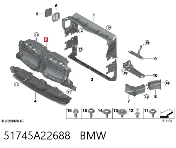 Perciana do radiador de esfriamento 51745A22688 BMW