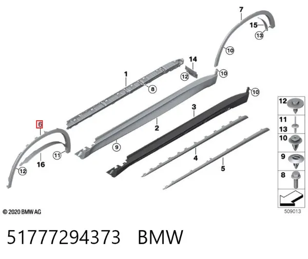 Expansor (placa sobreposta) de arco do pára-lama dianteiro esquerdo 51777294373 BMW