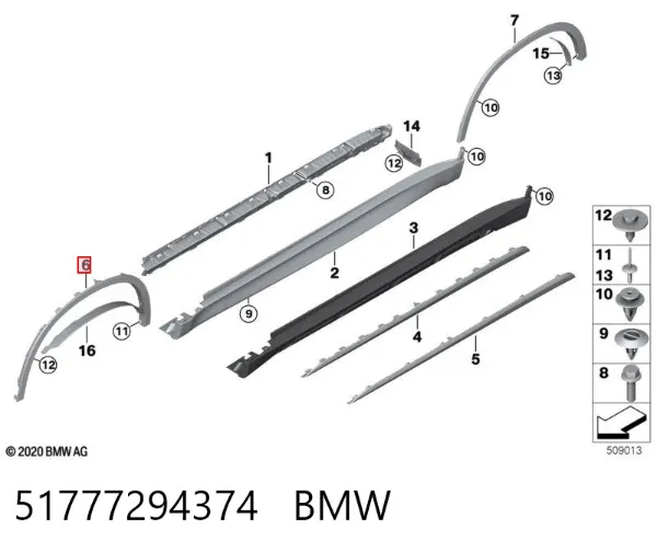 Expansor (placa sobreposta) de arco do pára-lama dianteiro direito 51777294374 BMW
