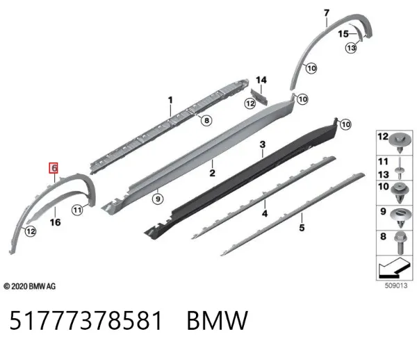 Expansor (placa sobreposta) de arco do pára-lama dianteiro esquerdo 51777378581 BMW
