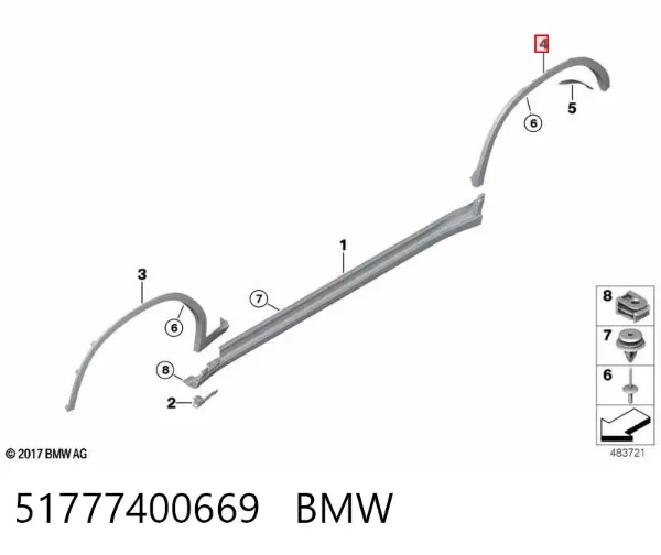 Expansor esquerdo (placa sobreposta) de arco do pára-lama traseiro 51777400669 BMW