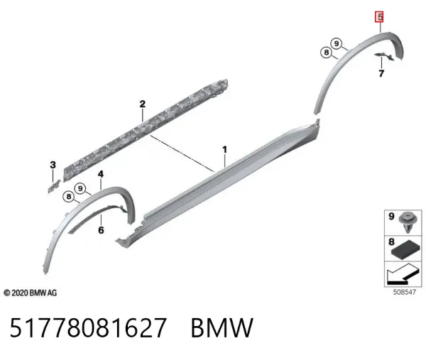 Expansor esquerdo (placa sobreposta) de arco do pára-lama traseiro 51778081627 BMW