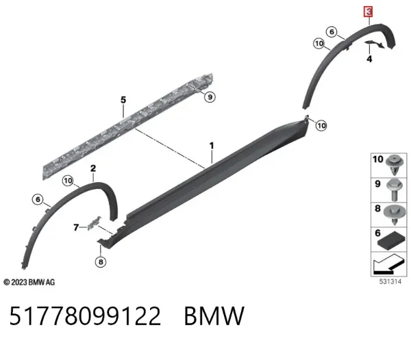 Expansor direito (placa sobreposta) de arco do pára-lama traseiro 51778099122 BMW