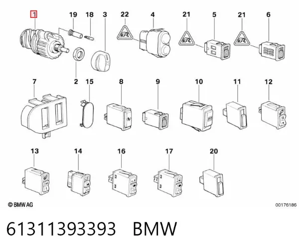 Comutador das luzes no "painel de instrumentos" 61311393393 BMW