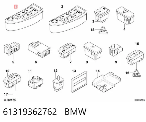 Unidade de botões dianteira esquerda de controlo de elevador de vidro 61319362762 BMW