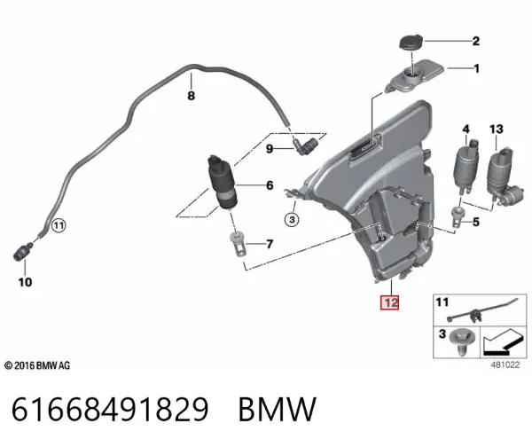 Tanque de fluido para lavador de vidro 61668491829 BMW