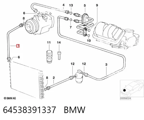 Mangueira de aparelho de ar condicionado, desde o compressor até o radiador 64538391337 BMW
