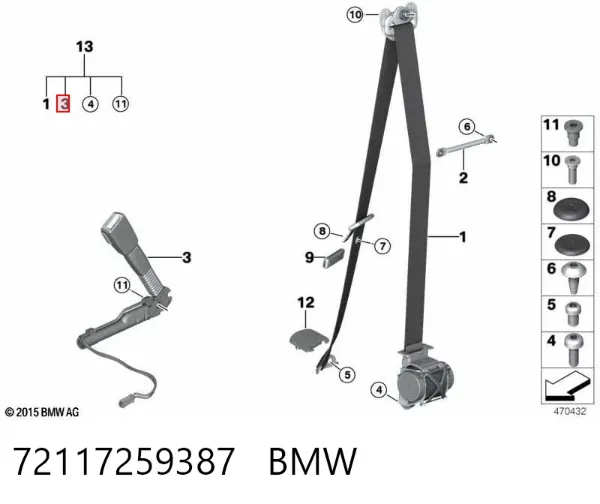 Barra (fecho) de fixação da correia de segurança dianteira esquerda 72117259387 BMW