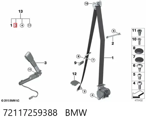 Barra (fecho) de fixação da correia de segurança dianteira direita 72117259388 BMW