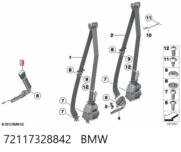 Barra (fecho) de fixação da correia de segurança dianteira direita 72117328842 BMW