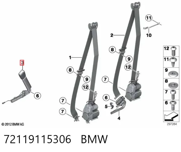 Barra (fecho) de fixação da correia de segurança dianteira direita 72119115306 BMW