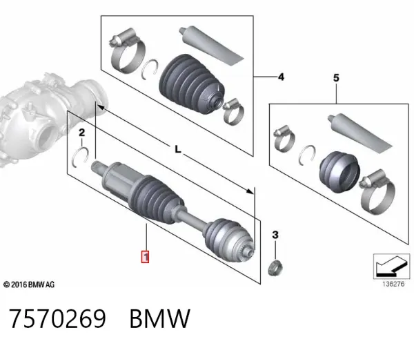 Semieixo (acionador) dianteiro direito 7570269 BMW