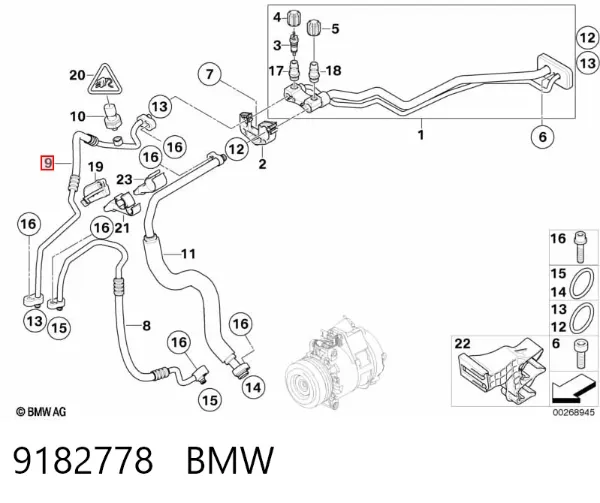 Mangueira de aparelho de ar condicionado, desde o vaporizador traseiro até o compressor 9182778 BMW