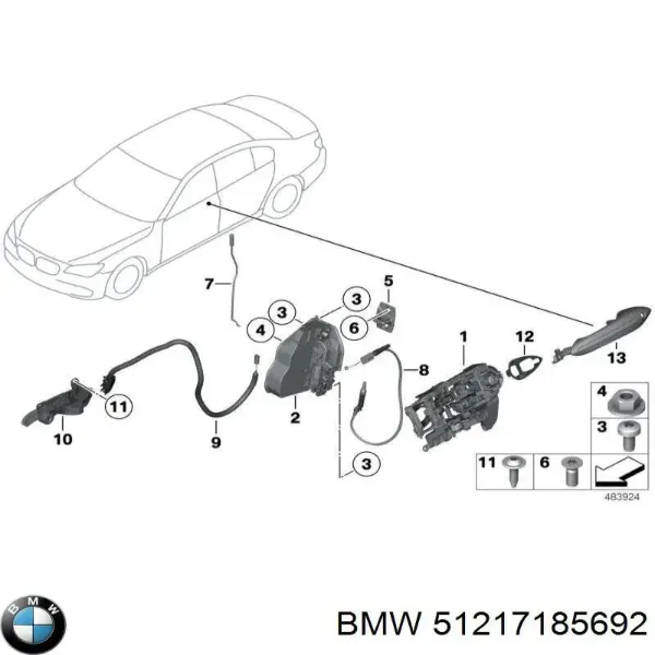 Fecho da porta dianteira direita 51217185692 BMW