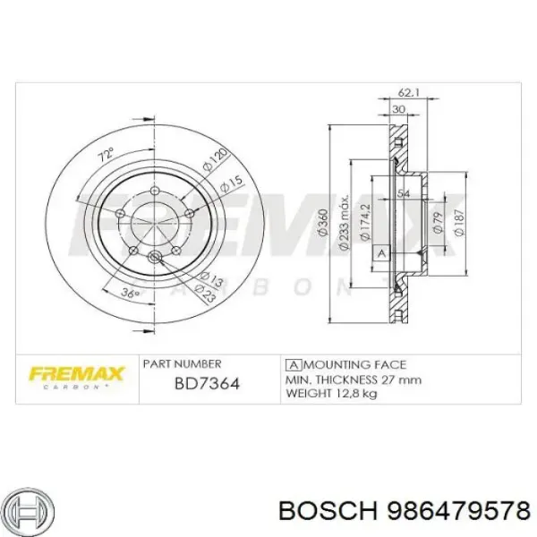 Disco do freio dianteiro 986479578 Bosch