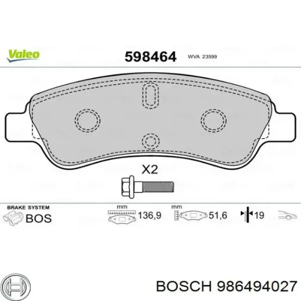 Sapatas do freio dianteiras de disco 986494027 Bosch