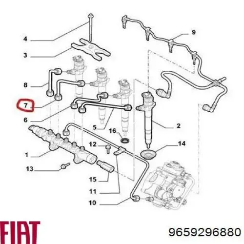 Tubo de combustível do injetor de 2º cilindro 9659296880 Fiat/Alfa/Lancia
