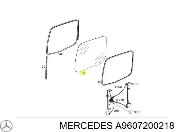 Vidro da porta dianteira esquerda A9607200218 Mercedes