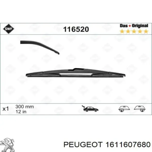 Limpa-pára-brisas de vidro traseiro 1611607680 Peugeot/Citroen