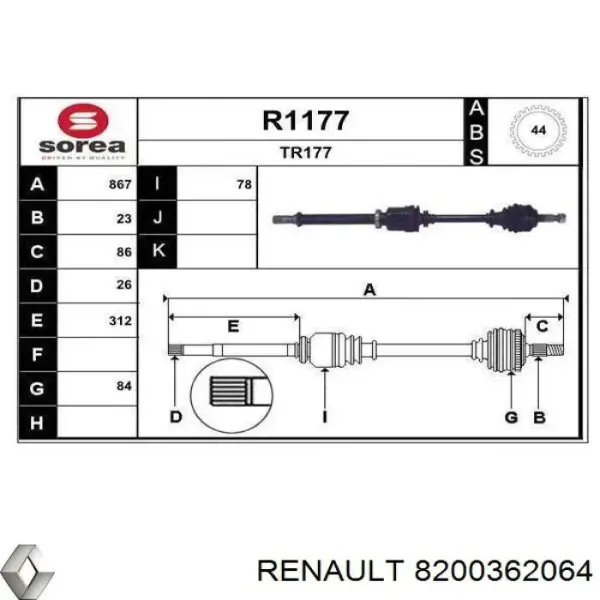 Semieixo (acionador) dianteiro direito 8200362064 Renault (RVI)