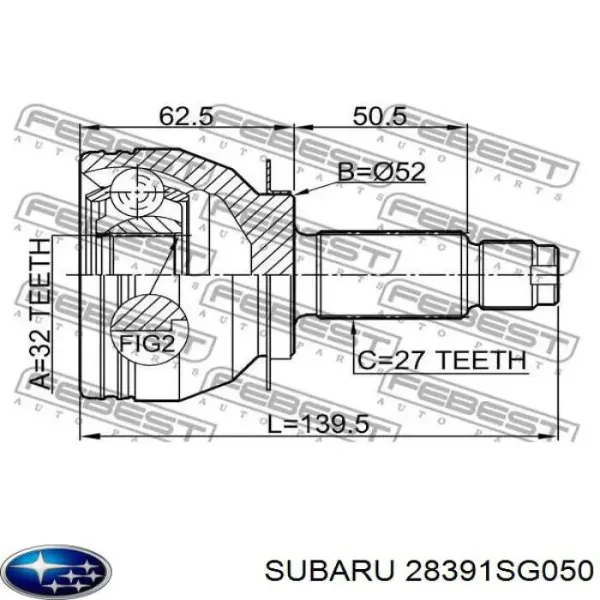 Semieixo (acionador) dianteiro 28391SG050 Subaru