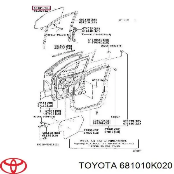 Vidro da porta dianteira direita 681010K021 Toyota