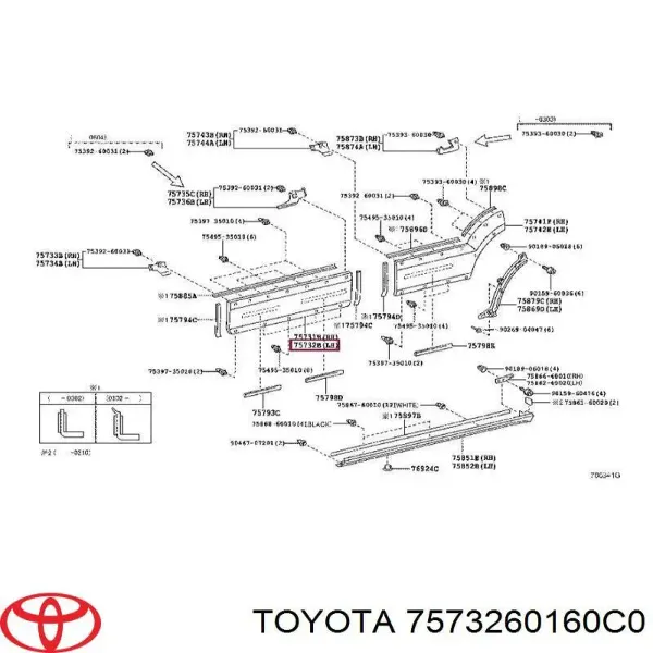 Moldura da porta dianteira esquerda 7573260160C0 Toyota