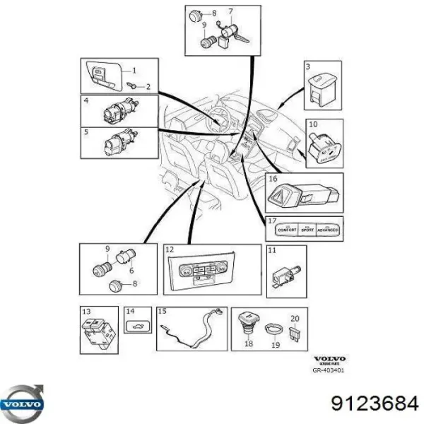 Botão de ativação do sinal de emergência 9123684 Volvo